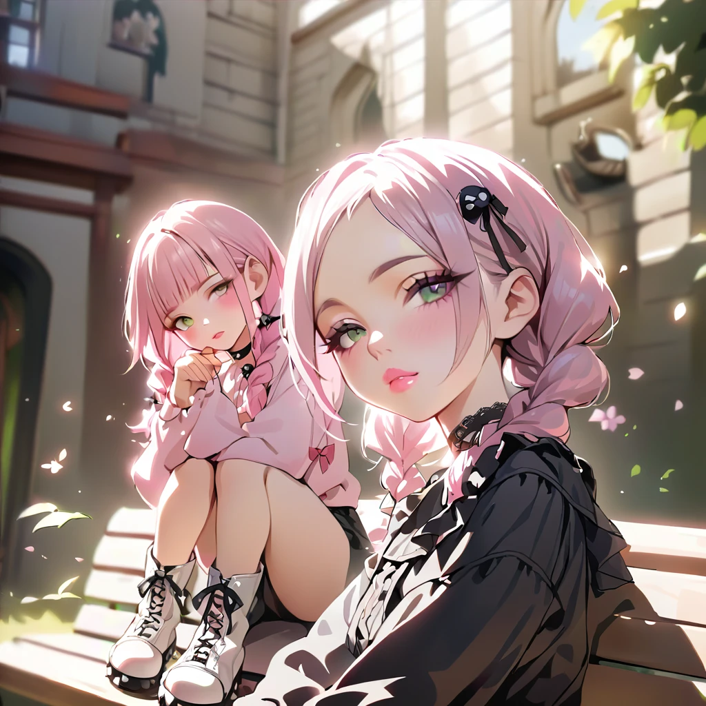 a masterpiece, beautiful eyes, a beautiful face, beautiful depiction, details, ultra detailed, 8K,kawaii, mesugaki, fangs,
light atmosphere, (Cute 2girls:1.5), (2girls with closs hair pin,
pink shirt,cosplay, jirai kei, bangs, black skirt, black bow, looking at viewer, bow, long sleeves, choker, ribbon,pink lips,Thick-soled boots,portrait shot :1.4),boots focus,
(masterpiece:1.3), anime visual, (Lovey-dovey:1.5), (tilt head:1.3), extremely delicate face, soft clean focus, realistic lighting and shading, (an extremely delicate and beautiful art:1.3),
Two college-aged women are sitting on a bench drinking tea from a plastic bottle. Their legs are slightly open, exposing their pantys. One girl has lavender-colored twin braids hair and green eyes, the other girl has silver-colored ponytail hair and blue eyes,nsfw,