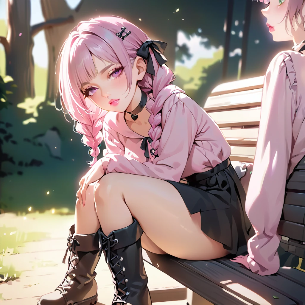 a masterpiece, beautiful eyes, a beautiful face, beautiful depiction, details, ultra detailed, 8K,kawaii, mesugaki, fangs,
light atmosphere, (Cute 2girls:1.5), (2girls with closs hair pin,
pink shirt,cosplay, jirai kei, bangs, black skirt, black bow, looking at viewer, bow, long sleeves, choker, ribbon,pink lips,Thick-soled boots,portrait shot :1.4),boots focus,
(masterpiece:1.3), anime visual, (Lovey-dovey:1.5), (tilt head:1.3), extremely delicate face, soft clean focus, realistic lighting and shading, (an extremely delicate and beautiful art:1.3),
Two college-aged women are sitting on a bench drinking tea from a plastic bottle. Their legs are slightly open, exposing their pantys. One girl has lavender-colored twin braids hair and green eyes, the other girl has silver-colored ponytail hair and blue eyes,nsfw,