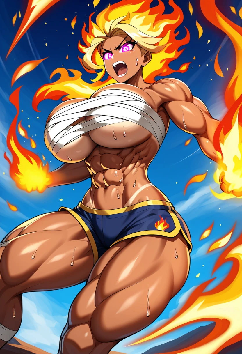 Prompt 

detailed illustration, (front view), (side view),dynamic angle, ultra-detailed, illustration, clean line art, shading, anime, detailed eyes, detailed face, beautiful face, dramatic lighting, detailed illustration, dynamic angle, ultra-detailed, illustration, single woman 

Fit, toned abs, muscular abs, detailed abs, ((volleyball shorts)), ((fundoshi breast wrap)), big round ass, big tits, caramel tan skin, dark skin tone, wide hips, narrow waist, thunder thighs, (blazing blonde hair), (glowing eyes), glowing sclera, muay thai wraps, strong biceps, sweat, ((bandaged breasts)), flaming hair, hair is fire, flames rolling down skin, clothes catching on fire, embers, sweats fire, sweat is fire, tan lines, Hispanic, Latina, tight pants, bandage wrapped around chest, brown skin, angry, mad, yelling, fists on fire, fighting, fire, flaming fists, fire shooting out of eyes, sweating fire, sweat’s little embers, massive breasts, big tits, , bubble butt, massive ass, flames in hair, hair on fire,