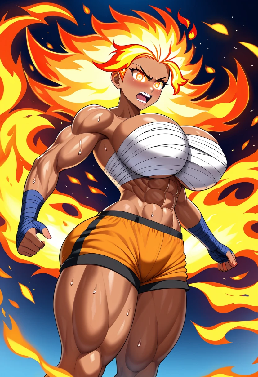 Prompt
detailed illustration, (front view), (side view),dynamic angle, ultra-detailed, illustration, clean line art, shading, anime, detailed eyes, detailed face, beautiful face, dramatic lighting, detailed illustration, dynamic angle, ultra-detailed, illustration, single woman
Fit, toned abs, muscular abs, detailed abs, ((volleyball shorts)), ((fundoshi breast wrap)), big round ass, big tits, caramel tan skin, dark skin tone, wide hips, narrow waist, thunder thighs, (blazing blonde hair), (glowing eyes), glowing sclera, muay thai wraps, strong biceps, sweat, ((bandaged breasts)), flaming hair, hair is fire, flames rolling down skin, clothes catching on fire, embers, sweats fire, sweat is fire, tan lines, Hispanic, Latina, tight pants, bandage wrapped around chest, brown skin, angry, mad, yelling, fists on fire, fighting, fire, flaming fists, fire shooting out of eyes, sweating fire, sweat’s little embers, massive breasts, big tits, , bubble butt, massive ass, flames in hair, hair on fire,