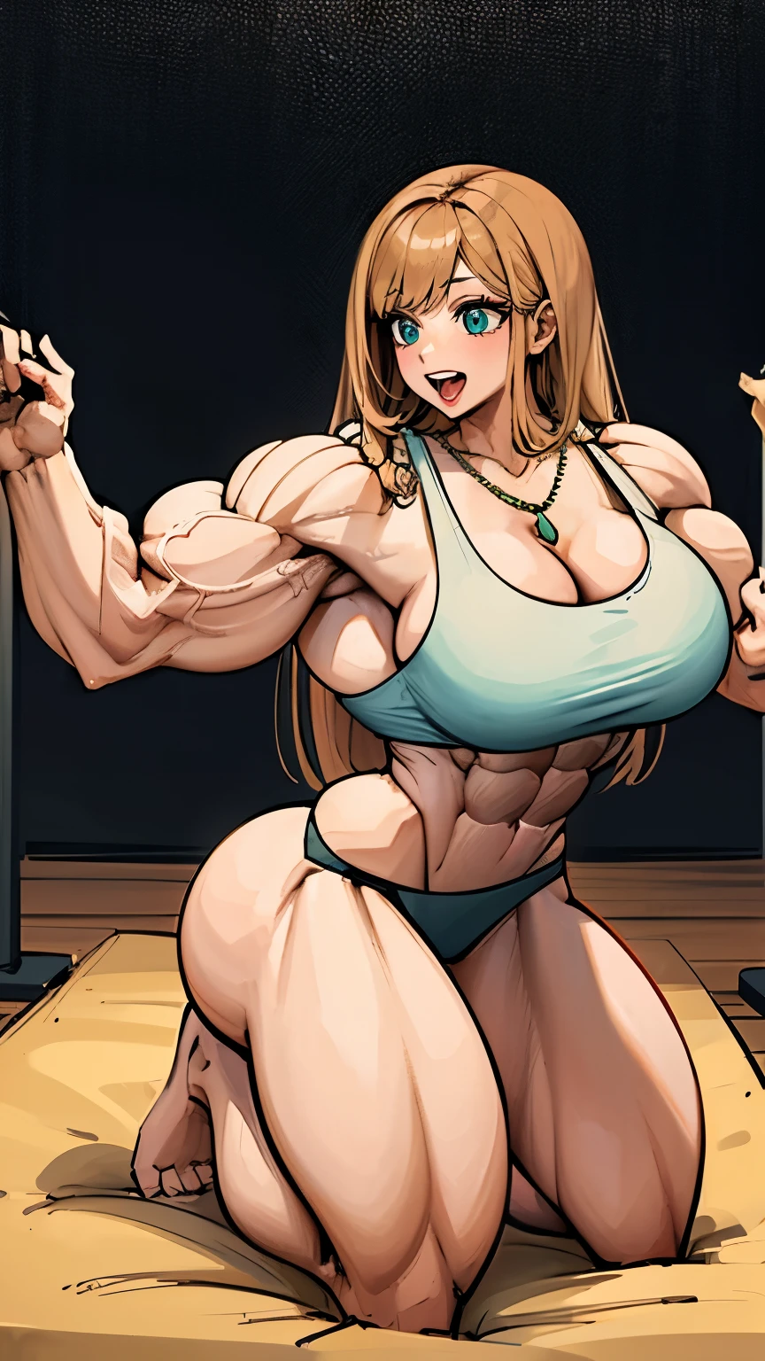 1girl,masterpiece , best quality,highres,  4k, 20yo,Marin kitagawa, character in gym wear,long fluffy voluptuous hair,makeup,fashionable,necklace,jewelry,smiling,happiness radiant,posing sexy,hypermuscular woman,bodybuilder,two tone hair,laying around