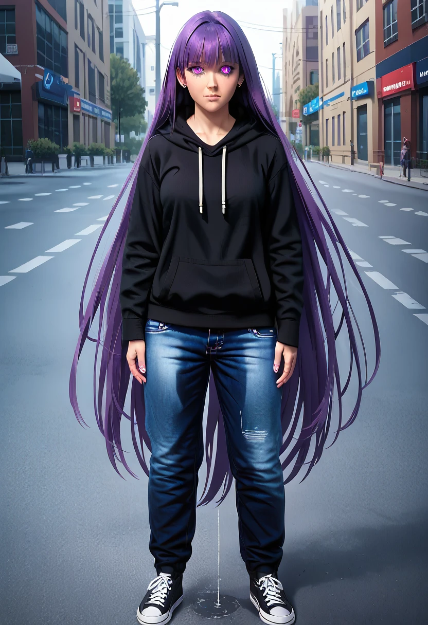 (masterpiece:1.37), best quality, (extremely detailed:1.37) woman, (adult:1.5), (very long hair:1.5), dark purple hair, purple eyes, (extremely detailed eyes:1.37), breasts, hoodie, jeans, (wetting:2.0), standing straight, full body day, daytime, glow, facing viewer, perfect composition, full body, city, street