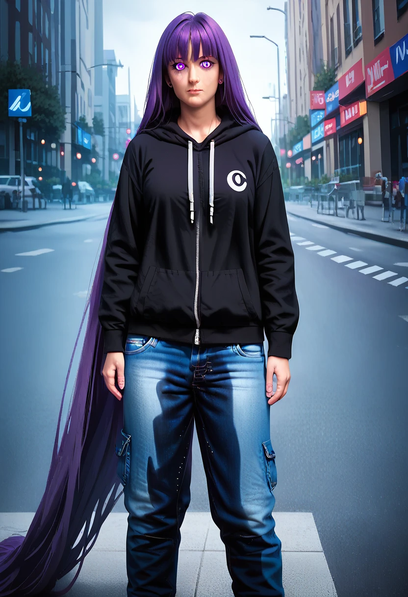 (masterpiece:1.37), best quality, (extremely detailed:1.37) woman, (adult:1.5), (very long hair:1.5), dark purple hair, purple eyes, (extremely detailed eyes:1.37), breasts, hoodie, jeans, (wetting:2.0), standing straight, full body day, daytime, glow, facing viewer, perfect composition, full body, city, street