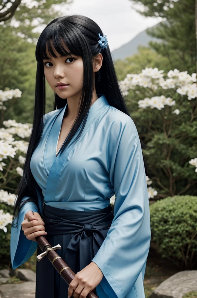 Demon Slayer screencap of a female with long black hair styled with side bangs, a round face, and heart-shaped lips. black eyes In her hair she wears a blue lidton. the landscape is the dawn. She is holding up a white floral kimono with light blue flowers. He is holding a long katana, with a blue handle. Screenshot from UFOTABLE Studios.
