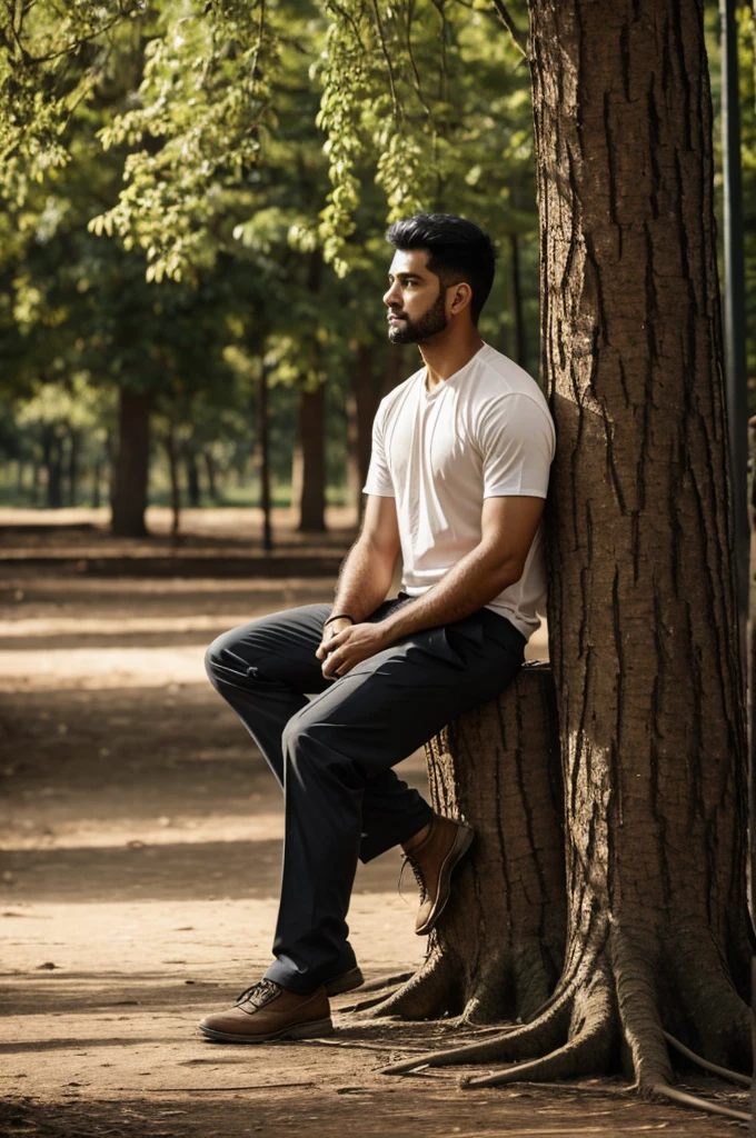 A man is sitting with a tree trunk. The background is imprisoned