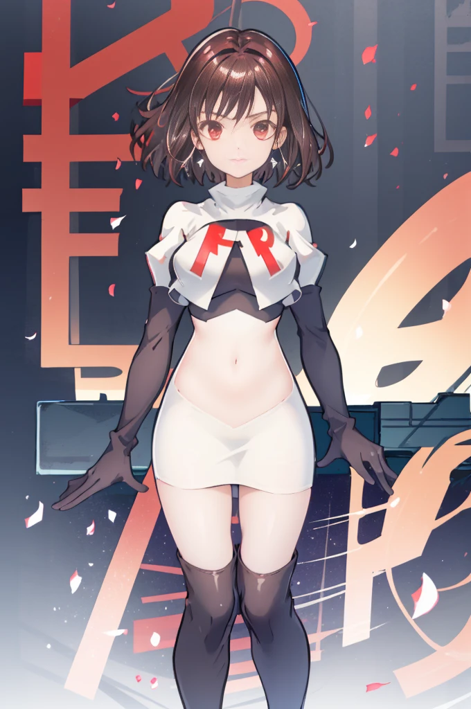 (Highly detailed CG), (Highest quality), Perfect Face, Shiny skin, Shiny skin,Wide Hips,   One girl,alone ,    ray taylor,jewelry, Red eyes, short hair, Brown Hair, View your viewers,Team Rocket,Team Rocket uniform,White Skirt,Red letter R,Crop top,Black thigh-high socks,black elbow gloves