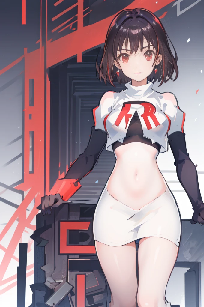 (Highly detailed CG), (Highest quality), Perfect Face, Shiny skin, Shiny skin,Wide Hips,   One girl,alone ,    ray taylor,jewelry, Red eyes, short hair, Brown Hair, View your viewers,Team Rocket,Team Rocket uniform,White Skirt,Red letter R,Crop top,Black thigh-high socks,black elbow gloves