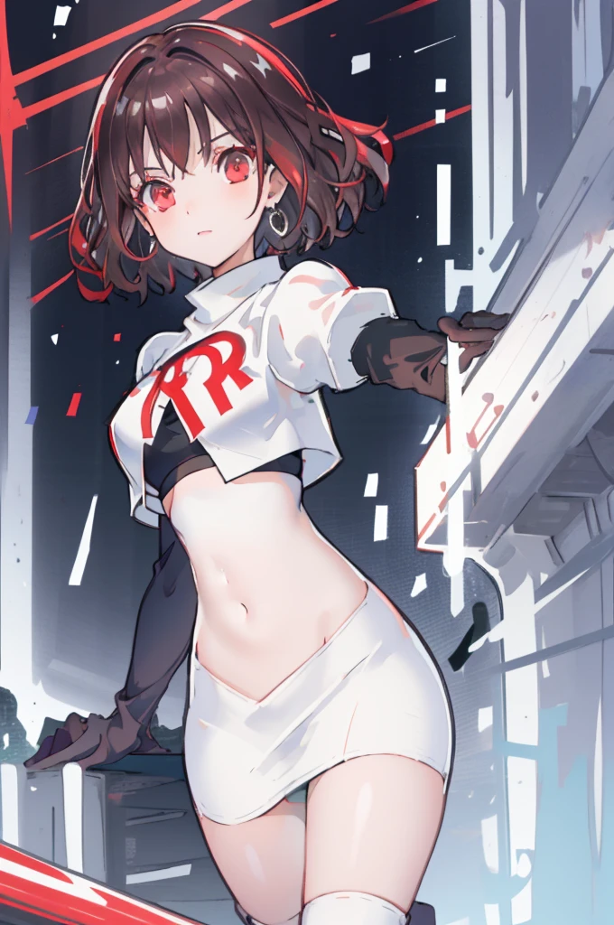 (Highly detailed CG), (Highest quality), Perfect Face, Shiny skin, Shiny skin,Wide Hips,   One girl,alone ,    ray taylor,jewelry, Red eyes, short hair, Brown Hair, View your viewers,Team Rocket,Team Rocket uniform,White Skirt,Red letter R,Crop top,Black thigh-high socks,black elbow gloves