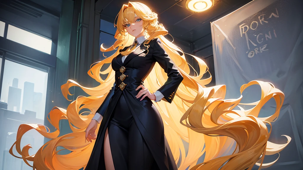 She is a tall blonde, with long golden blonde hair styled entirely in large coils. She is 30 years old and has green eyes, and wears a blue suit, always elegant. As school director, she dresses accordingly, with a seductive and imposing style. The woman looked at me with disdain, an expression of complete intimidation. Your attitude is as arrogant as it is impressive.
Your dress clings to your body, doubling its impact power when used by an attractive, confident woman. With a pretty face that doesn't fade even when you frown in annoyance, She's an impressive woman, with beautiful blonde hair and red eyes that match well. Your style is worthy of an anime, highlighting her striking presence has long golden blonde hair styled entirely in large coils