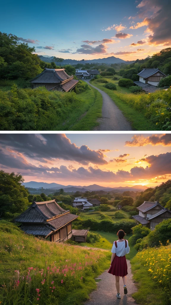 Landscape painting、Japanese village scenery、Photo Style、evening、A high school girl is standing facing backwards、evening、sunset、