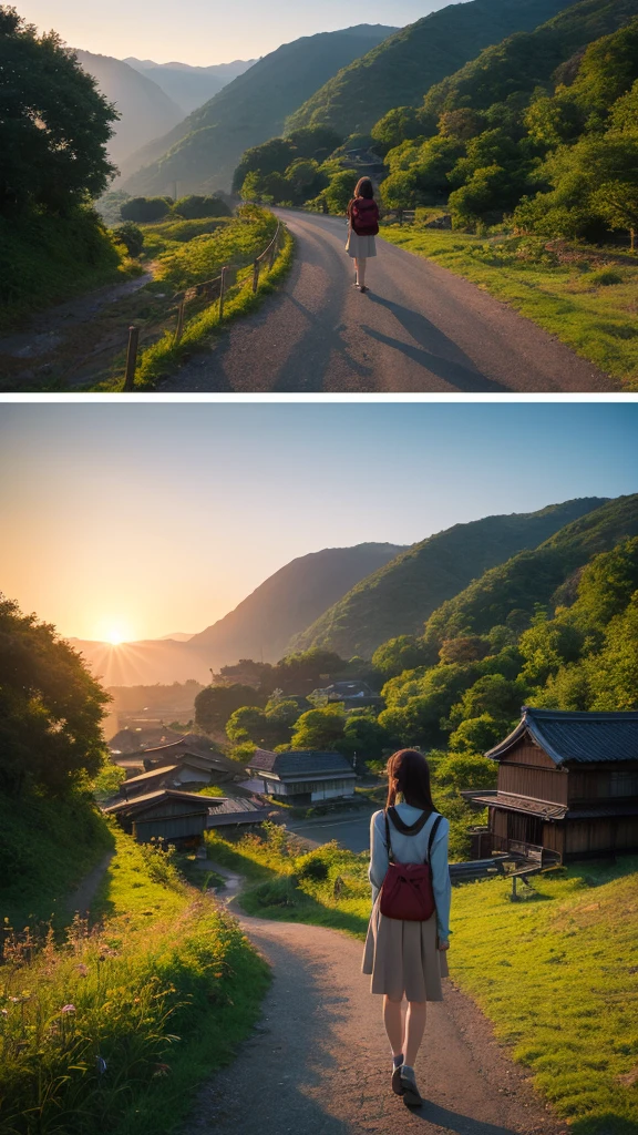 Landscape painting、Japanese village scenery、Photo Style、evening、A high school girl is standing facing backwards、evening、sunset、