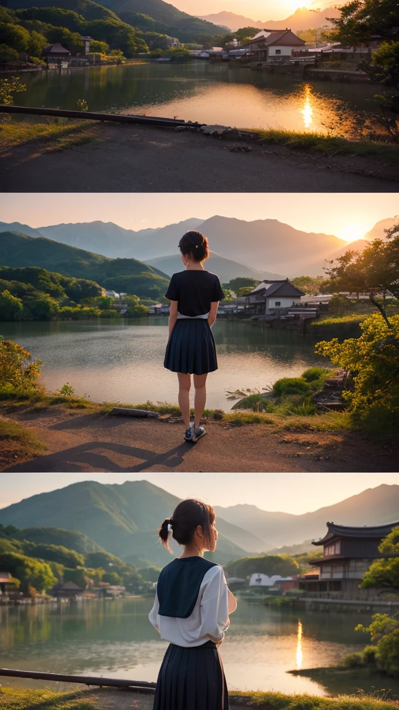 Landscape painting、Japanese village scenery、Photo Style、evening、A high school girl is standing facing backwards、evening、sunset、