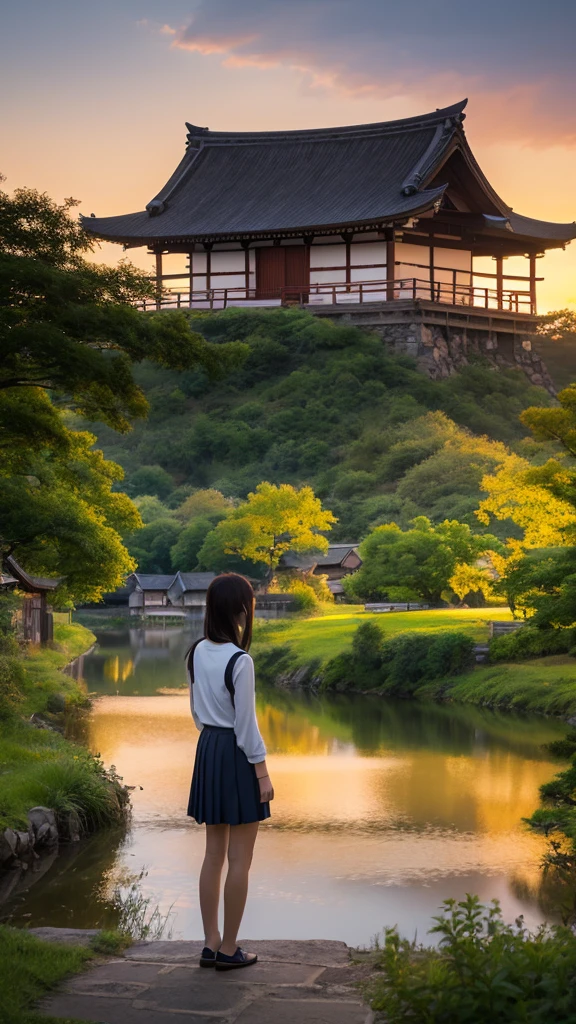 Landscape painting、Japanese village scenery、Photo Style、evening、A high school girl is standing facing backwards、evening、sunset、