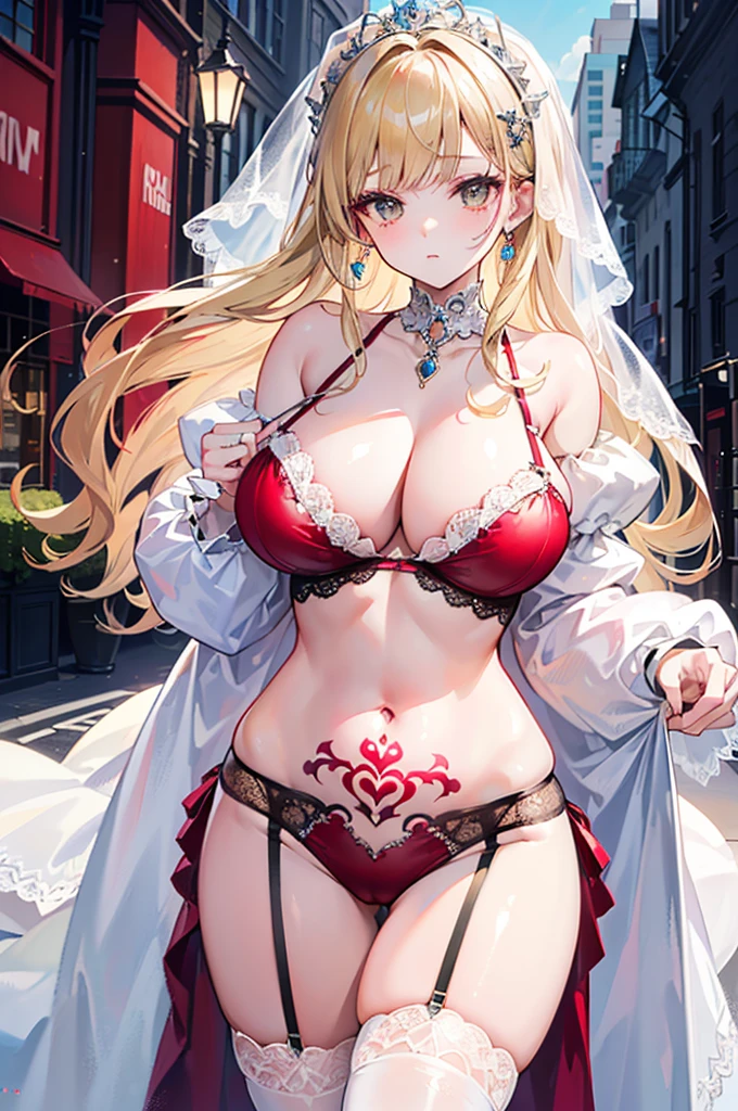 masterpiece,8K,A woman with big tits,Gorgeous woman,wedding,bride,Long blond hair,big hair,Gorgeous jewelry,Crystal Hair Accessories,Cleavage,Photoshoot on the streets of London、Brighter light,(Elegant gloss),((Puffy sleeves))、Long cuffs,Show your belly button,Hip tattoo,Lace erotic lingerie,Clear stockings,red cheeks,