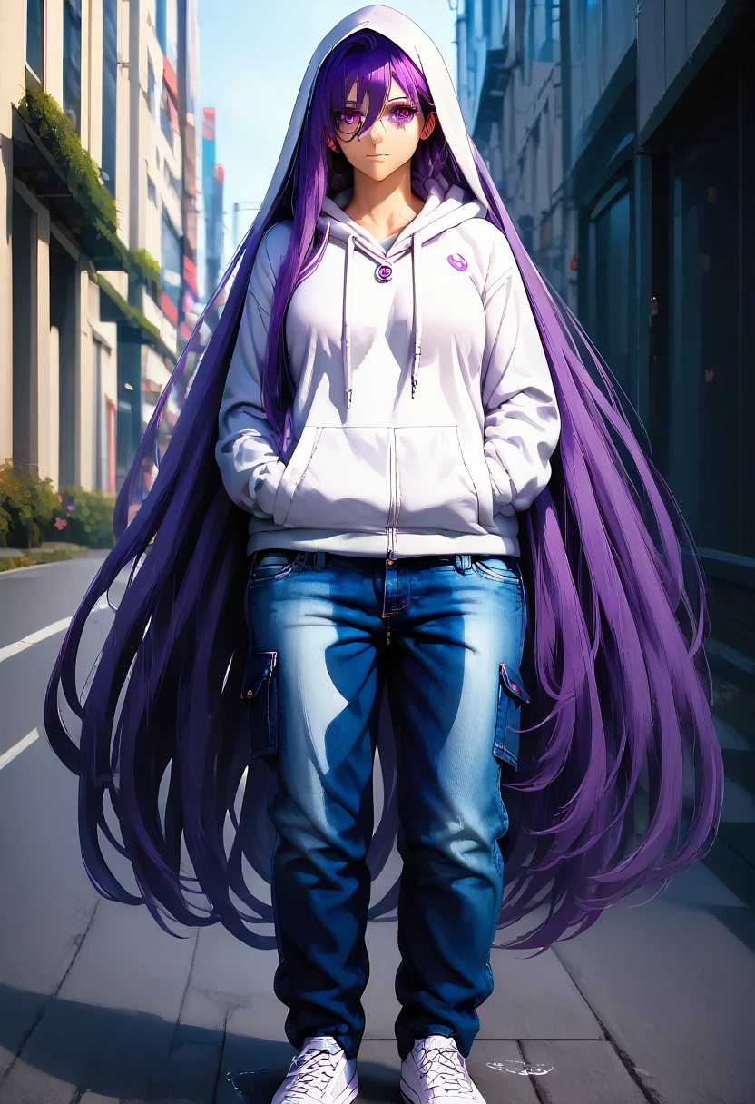 (masterpiece:1.37), best quality, (extremely detailed:1.37) woman, (adult:1.5), (very long hair:1.5), dark purple hair, purple eyes, (extremely detailed eyes:1.37), breasts, hoodie, jeans, (wetting:2.0), standing straight, full body day, daytime, glow, facing viewer, perfect composition, full body, city, street
