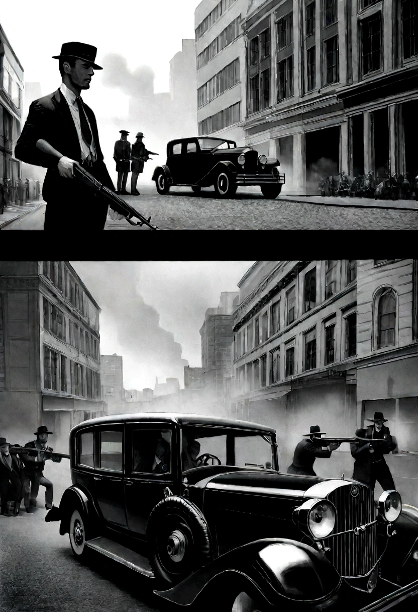 (Cinematic image, realism, cinema, realistic scenario, civil war, explosive scenario, shooting, smoke, monochrome), (five men armed with Thompson Machine Guns, gangster war, shooting, war between rival gangs), (Antique car, 1990s 70, large building, robbery of the Central Bank of Chicago, the mint or central bank),