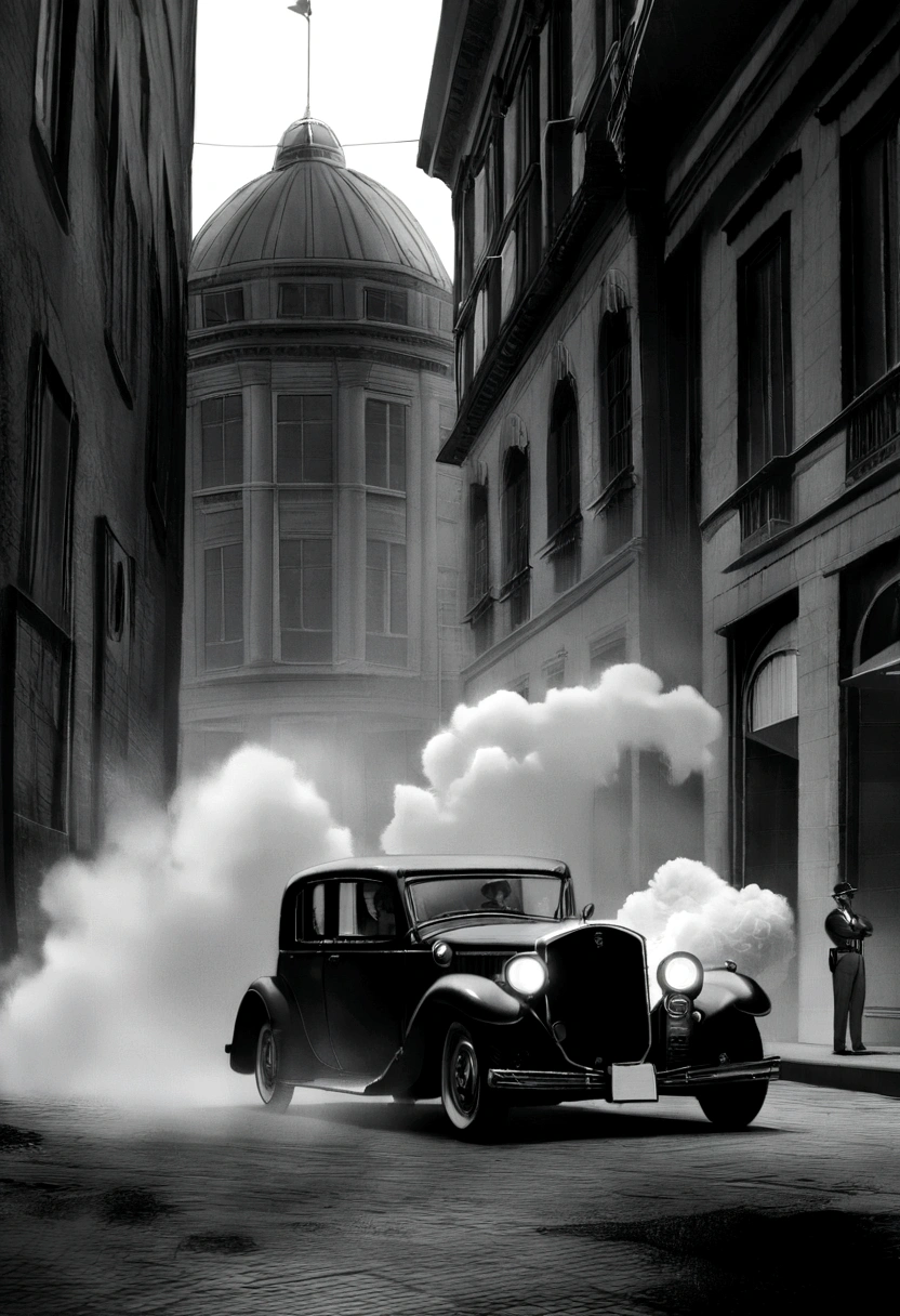 (Cinematic image, realism, cinema, realistic scenario, civil war, explosive scenario, shooting, smoke, monochrome), (five men armed with Thompson Machine Guns, gangster war, shooting, war between rival gangs), (Antique car, 1990s 70, large building, robbery of the Central Bank of Chicago, the mint or central bank),