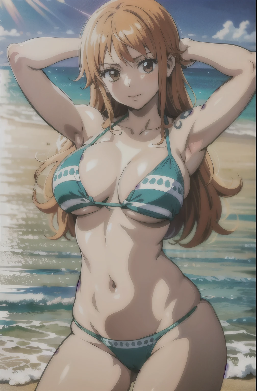masterpiece, best quality, 1girl, looking at viewer, one piece, namiOP, bikini top, bikini bottom, solo, beach, cowboy shot, arms up pose, wanostyle, large breasts, seductive,