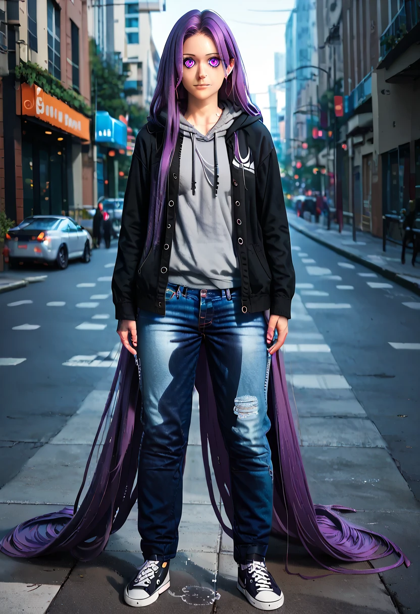 (masterpiece:1.37), best quality, (extremely detailed:1.37) woman, (adult:1.5), (very long hair:1.5), dark purple hair, purple eyes, (extremely detailed eyes:1.37), breasts, hoodie, jeans, (wetting:2.0), standing straight, full body day, daytime, glow, facing viewer, perfect composition, full body, city, street