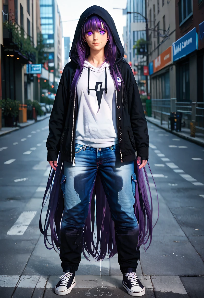 (masterpiece:1.37), best quality, (extremely detailed:1.37) woman, (adult:1.5), (very long hair:1.5), dark purple hair, purple eyes, (extremely detailed eyes:1.37), breasts, hoodie, jeans, (wetting:2.0), standing straight, full body day, daytime, glow, facing viewer, perfect composition, full body, city, street