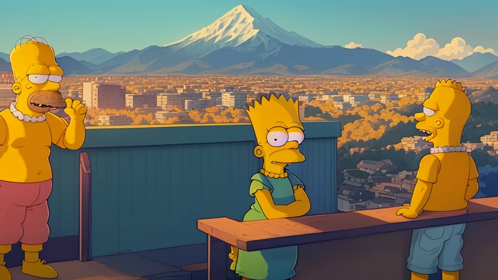 The Simpsons standing on a balcony with a mountain view in the background, Bart Simpson, still frame from the The Simpsons, style The Simpsons, The Simpsons, the The Simpsons, Bart Simpson in real life, The Simpsons style, Homer Simpson in stranger things, portrait of Bart Simpson, walter white in the The Simpsons, Homer Simpson, Screenshots from YouTube videos, original The Simpsons cartoon style