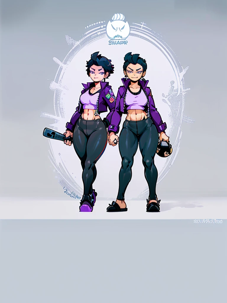 (((My Hero Academia Style))), (((Bibi))), (((Brawl Stars))), (((Wide hips))), (((wide thighs))), (((medium breasts))), (((blue spiked leather jacket))), (((blue leather jacket))), (( (leather jacket with spikes))), (((lilac top tank))), (((top tank))), (((Abs))), (((exposed abdomen))), (((marked abdomen))), (((tight leggings black))), (((tight leggings))), (((black leggings))), (((baseball bat))), (((Holding a baseball bat))), (((holding a bat))), (((shark smile))), (((lilac eyes))), (((evil smile))), (((traditional black slippers))), (((black slippers))), (((traditional slippers))), (((hair black))), (((pompadour hairstyle))), (((black hair pompadour hairstyle))), (((perfect anatomy))), (((perfect hands))), (((super detailed))), ( ((full body photo:1.5))), 