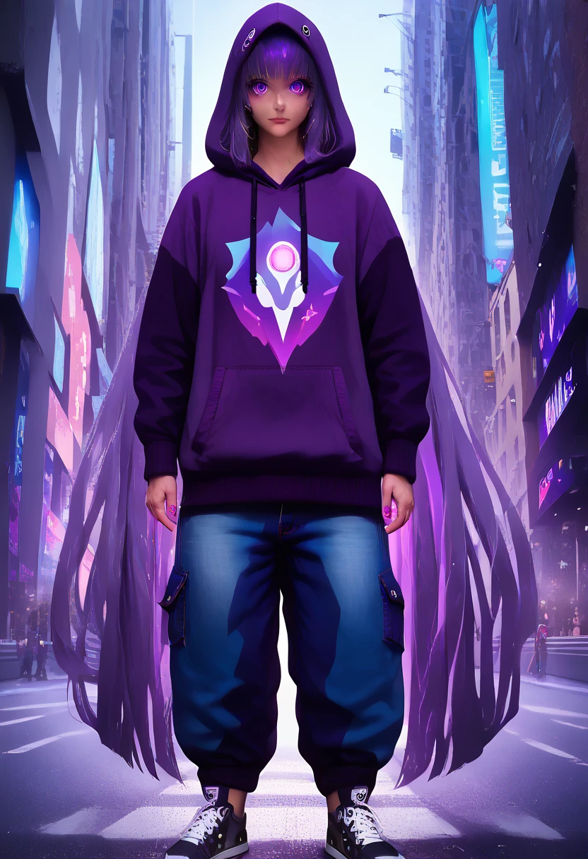 (masterpiece:1.37), best quality, (extremely detailed:1.37) woman, (adult:1.5), (very long hair:1.5), dark purple hair, purple eyes, (extremely detailed eyes:1.37), breasts, hoodie, jeans, (wetting:2.0), standing straight, full body day, daytime, glow, facing viewer, perfect composition, full body, city, street