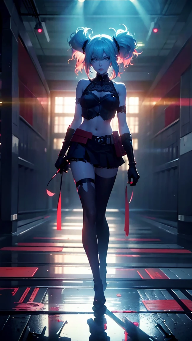 masterpiece, Best quality, Super detailed, illustration, beautiful detailed eyes, ((distant view, wide angle 1.31)), On the outside, young woman, Harley Quinn, intricate design, complex shaped lace tights, two hair tails (blue and red tail), sexual, Face to face, split, full length (full body 1.1.), very feminine, fighting stance, (masterpiece), magic photography, Spectacular lighting, Photorealism, ultra detailed, intimate portrait composition, 1. 4,8 k UHD, aesthetic, Cd., A high resolution, 8 k, better lighting, Best shade, Ultra-HD, A high resolution, sharp focus, Complex background, Cinematic lighting, ((Landscape view)), 4K block, (better lighting), ((Cinematic lighting)),