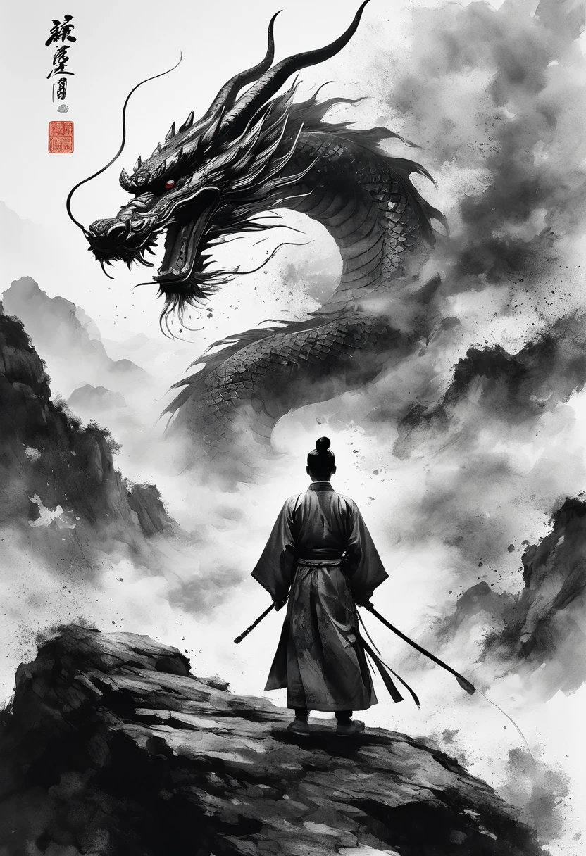 Epic ink shots，Chinese warrior wearing Hanfu fighting a dragon，Viewing angle，First Person，Huge Chinese dragon，Tradition Chinese Ink Painting style，夸张的Viewing angle，thrilling moment，8K，Simple style，Style Wu Guanzhong