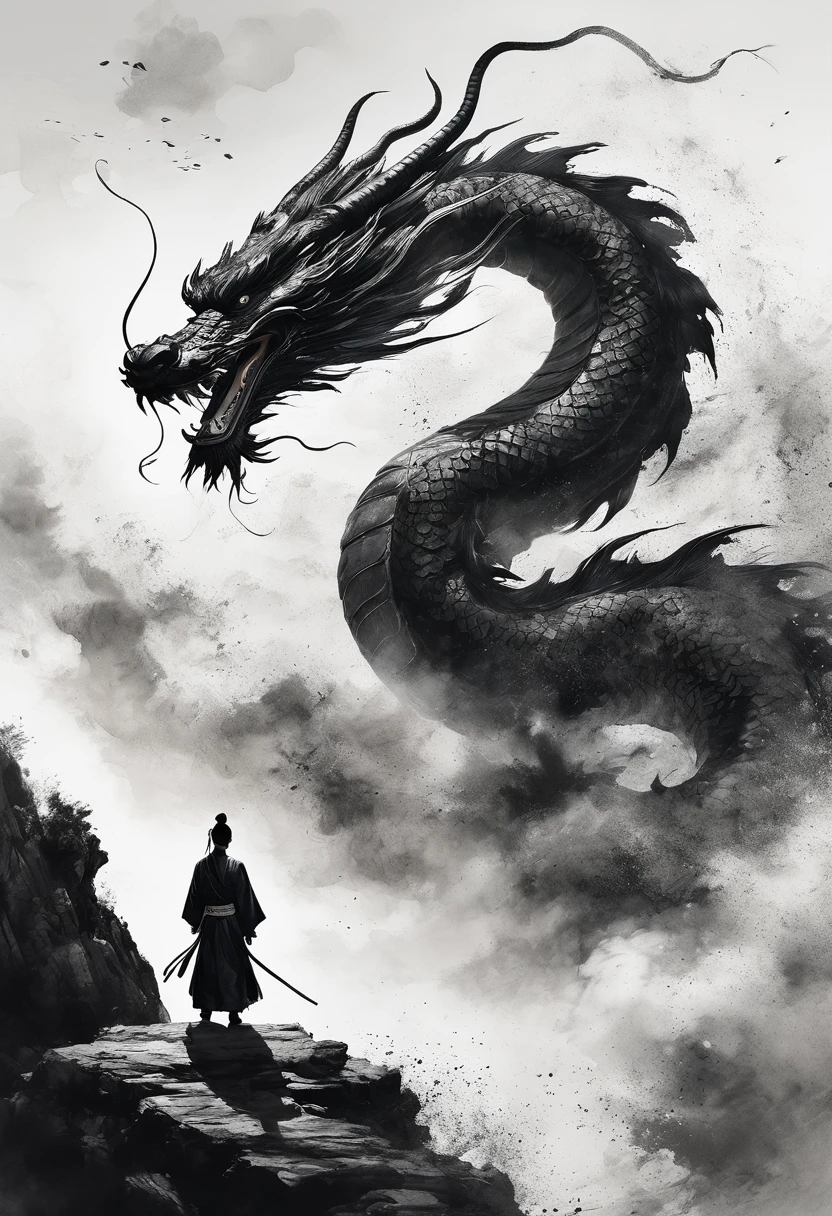 Epic ink shots，Chinese warrior wearing Hanfu fighting a dragon，Viewing angle，First Person，Huge Chinese dragon，Tradition Chinese Ink Painting style，夸张的Viewing angle，thrilling moment，8K，Simple style，Style Wu Guanzhong