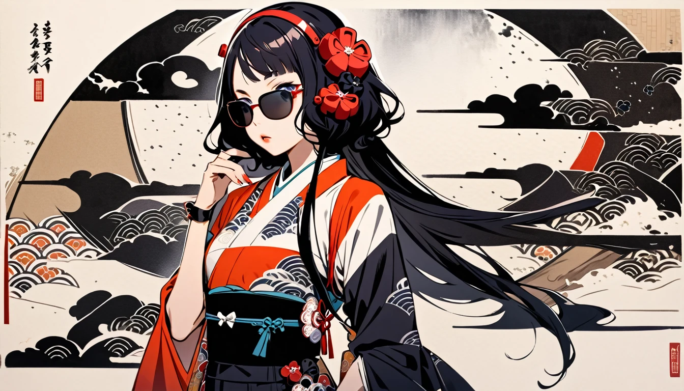 (((Highest quality))), (((Katsushika Hokusai))), (((Ink Painting))), ((very straight longhair)), ((1 girl)), ((Geometric pattern)), ((Beautiful girl in sunglasses)), Japanese style headphones, Black Hair, Delicate and precise, Modern ukiyo-e style