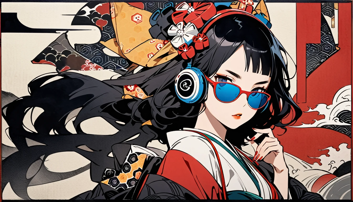(((Highest quality))), (((Katsushika Hokusai))), (((Ink Painting))), ((very straight longhair)), ((1 girl)), ((Geometric pattern)), ((Beautiful girl in sunglasses)), Japanese style headphones, Black Hair, Delicate and precise, Modern ukiyo-e style