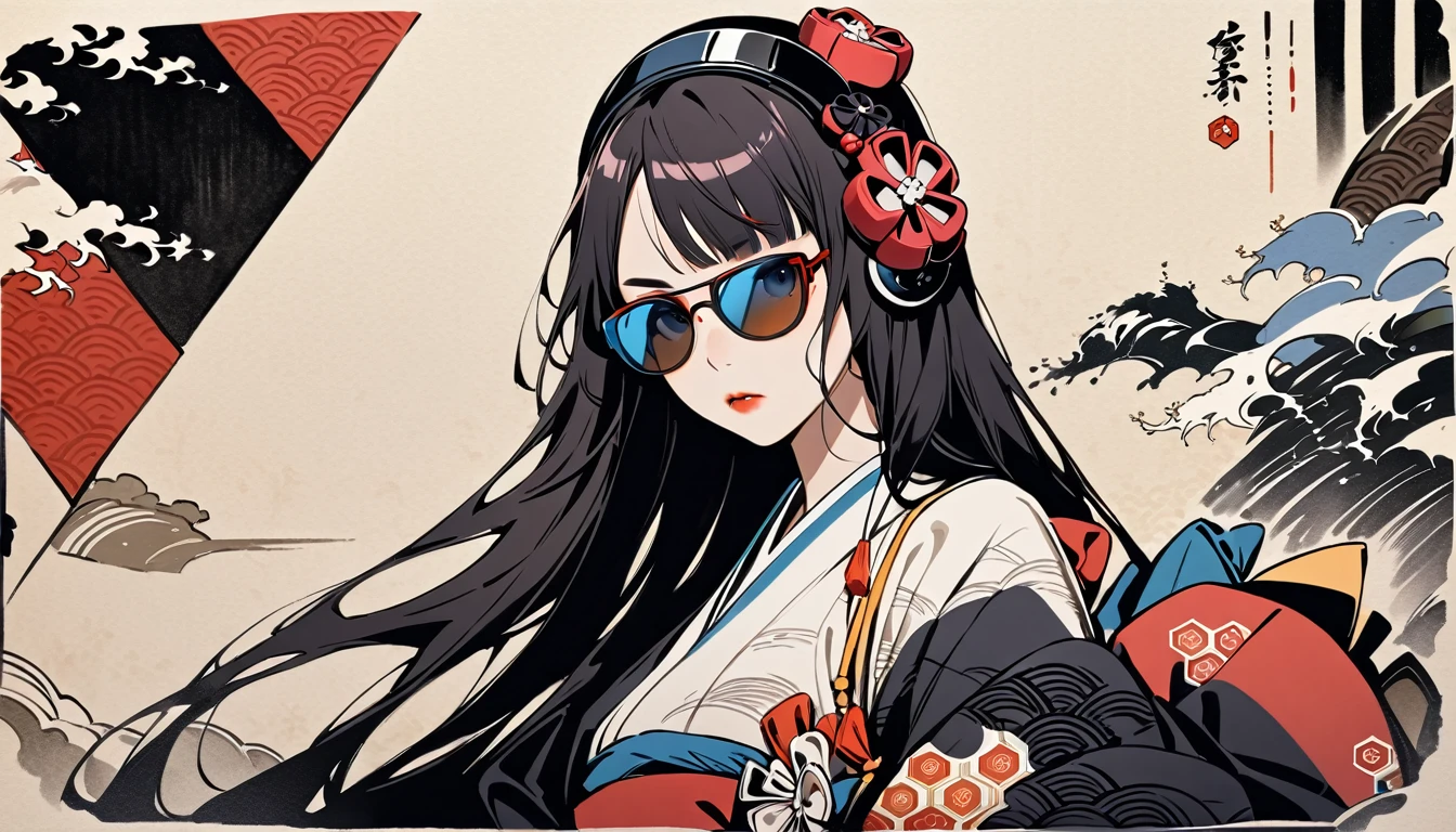 (((Highest quality))), (((Katsushika Hokusai))), (((Ink Painting))), ((very straight longhair)), ((1 girl)), ((Geometric pattern)), ((Beautiful girl in sunglasses)), Japanese style headphones, Black Hair, Delicate and precise, Modern ukiyo-e style
