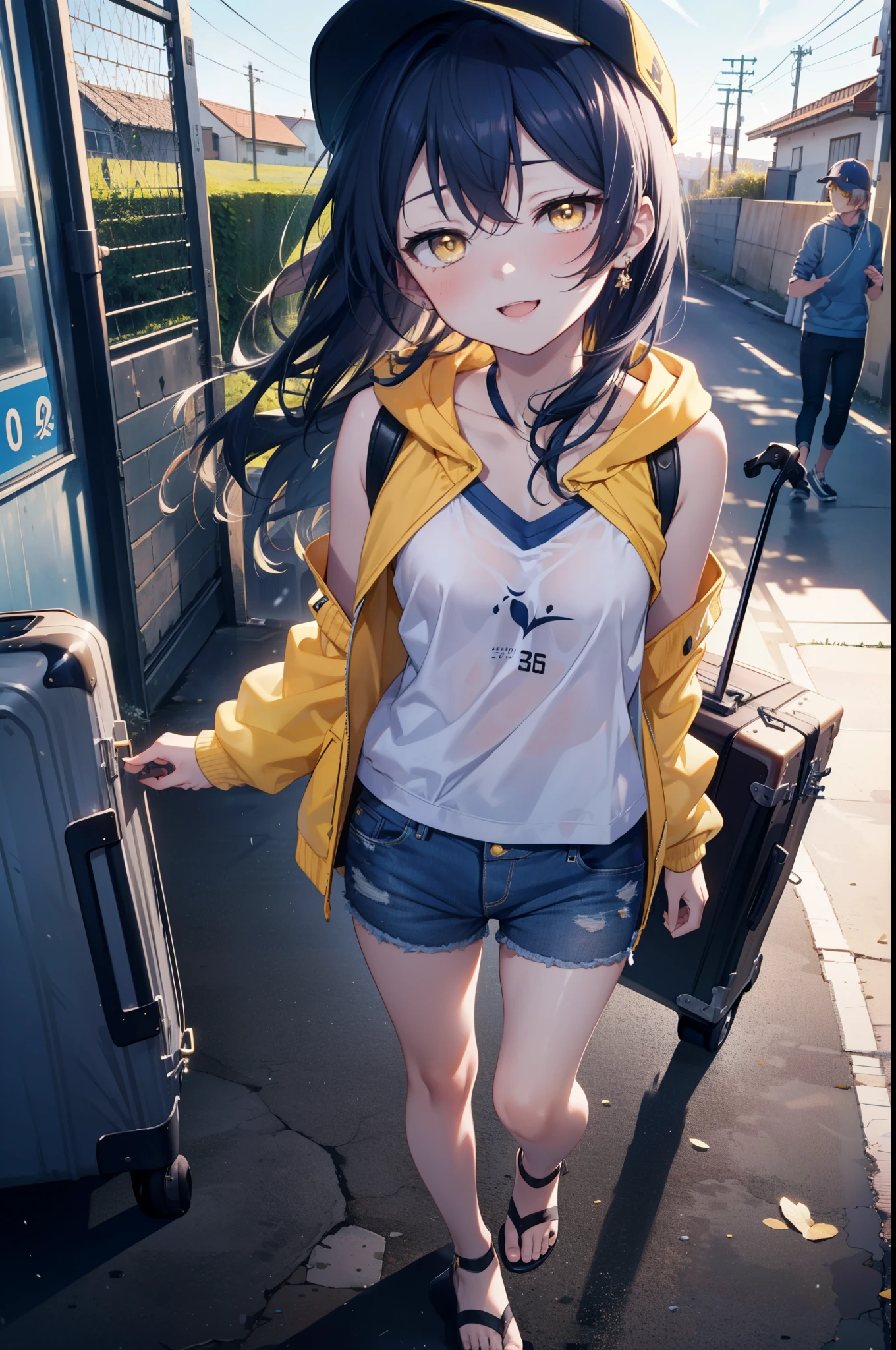 Umi Sonoda, Long Hair, Blue Hair, (Yellow Eyes:1.5) (Flat Chest:1.2),happy smile, smile, Open your mouth,Baseball hats,Sleeveless blue hoodie,Shorts,Sandals,Push-type suitcase,Walking,Daytime,Clear skies,True Summer,whole bodyがイラストに入るように,
break looking at viewer,whole body,
break indoors, countryside,
break (masterpiece:1.2), Highest quality, High resolution, unity 8k wallpaper, (figure:0.8), (Beautiful attention to detail:1.6), Highly detailed face, Perfect lighting, Highly detailed CG, (Perfect hands, Perfect Anatomy),