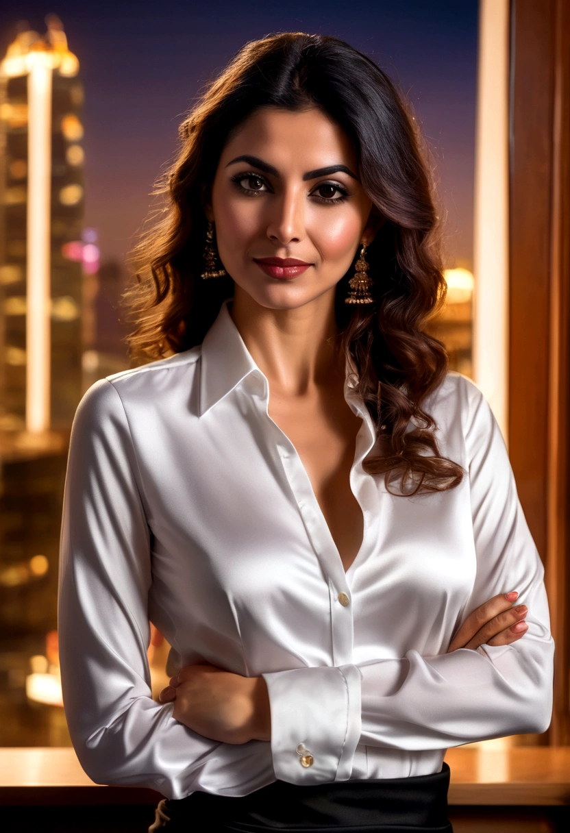 40-year-old arabic woman Sexy Tight white satin shirt Black short velvet skirt Smirk Office