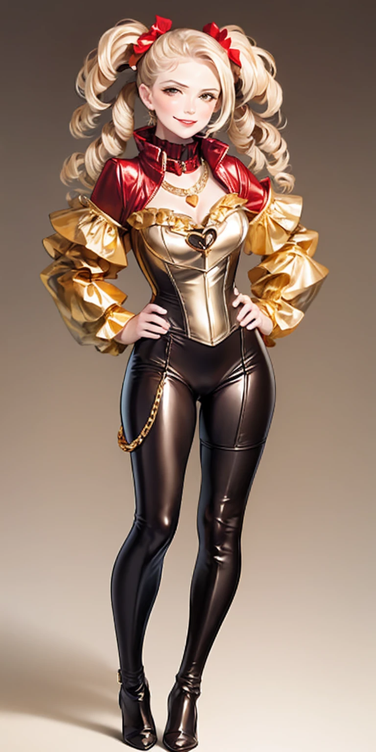 1solo Milf full body standing straight symmetrical, looking at viewer, hands on hips, twin drills twintails, striped pantyhose, golden handcuffs on their hands with a black leather collar around the golden heart necklace, hands on hips, lustful smirking smile face red blushed