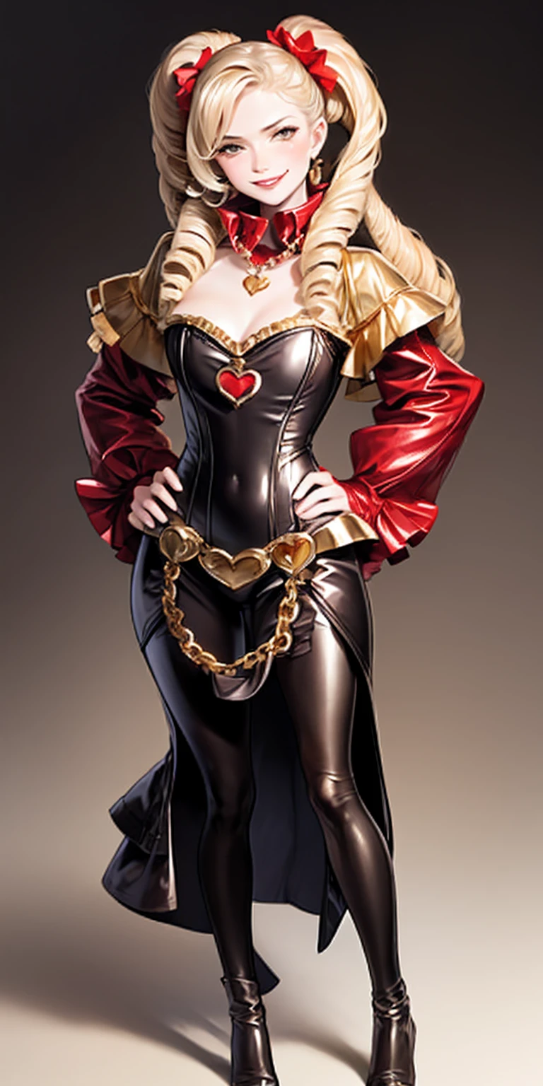 1solo Milf full body standing straight symmetrical, looking at viewer, hands on hips, twin drills twintails, striped pantyhose, golden handcuffs on their hands with a black leather collar around the golden heart necklace, hands on hips, lustful smirking smile face red blushed