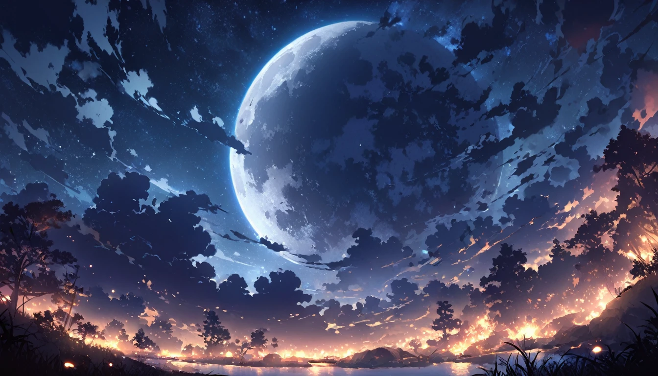 1 male, night, night景, landscape, moon