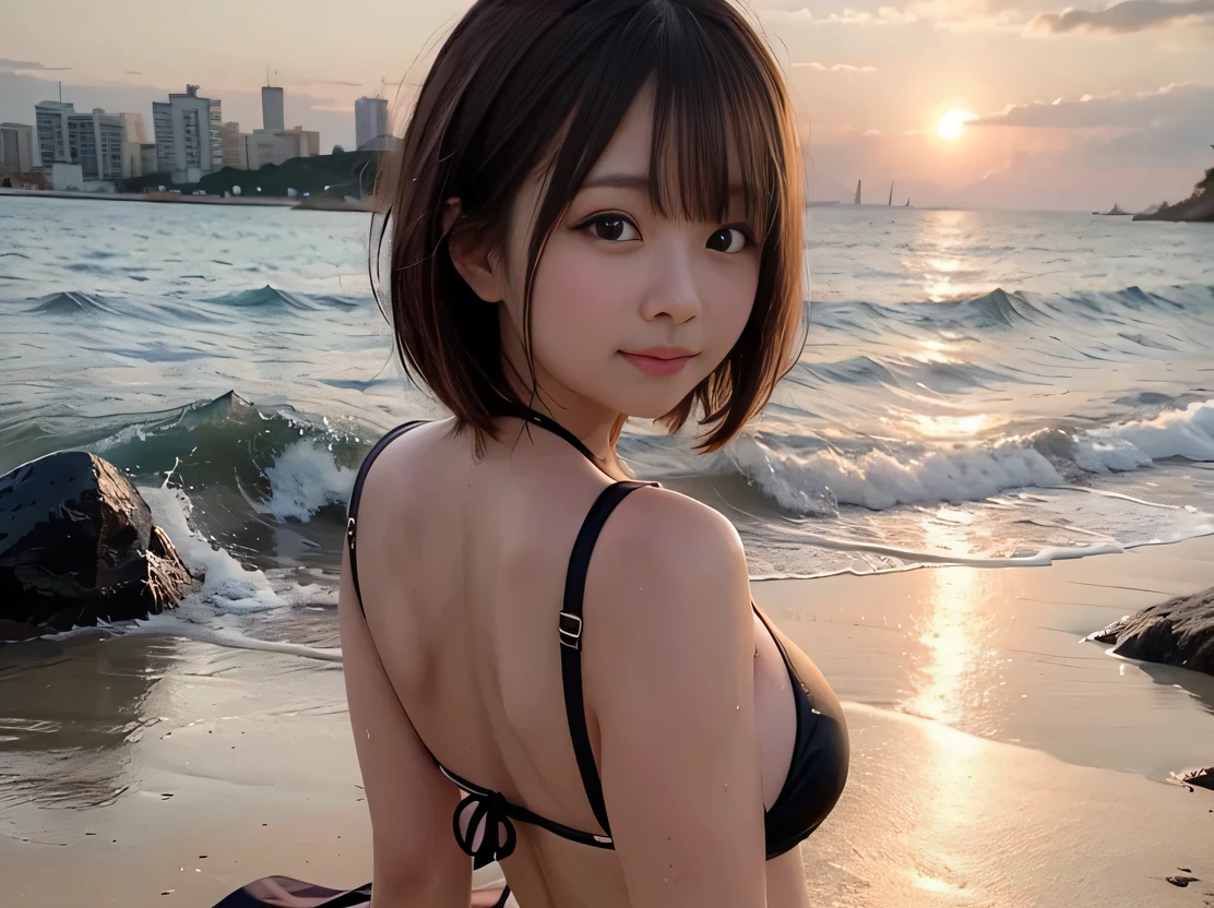 Sea view, Blake Background Only Rock Formation:1.6, Break Foreground only Sandy beach :1.6, evening, sunset, Ocean Waves, Water reflection, Anatomically completely correct:1.6, ((1 Japanese girl)), Very short bob cut:1.2, blush, Shyly, s old, Open the mouse a little, Showing off Slightly Swelled Lower Buttocks from ブーティーショーツ:1.2, Moderate ASS, (bikini),  Beautiful ass, Brown Hair, Wet Hair, Hilarious:1.0, smile:1.0, Ecstasy:1.0, [[Puff out your cheeks]], Viewers looking straight back:1.2, Dynamic Angle,, whole body, SFW:1.2, break , RAW Photos, Highest quality, masterpiece, Realistic, PhotoRealistic, Highly detailed 8k wallpaper, Beautiful and detailed eyes, Detailed painted face, High key lighting, Professional Lighting, Cinema Lighting, Side Lighting, Bokeh、((One person))、
