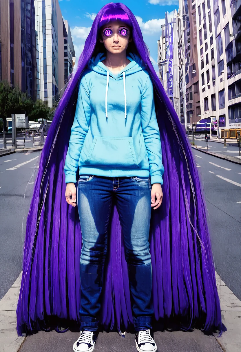 (masterpiece:1.37), best quality, (extremely detailed:1.37) woman, (:1.5), (very long hair:1.5), dark purple hair, purple eyes, (extremely detailed eyes:1.37), breasdie, jeans, (wetting:2.0), standing straight, full body day, daytime, glow, facing viewer, perfect composition, full body, city, street