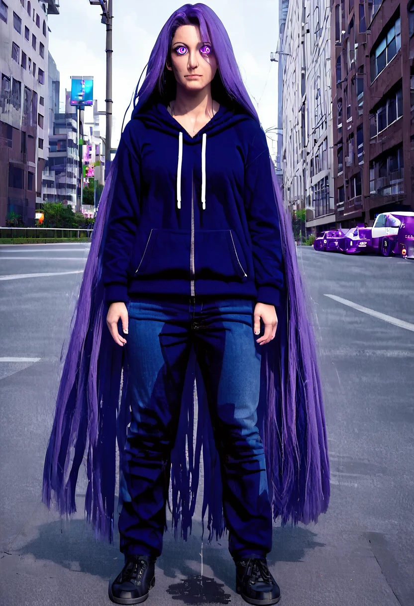 (masterpiece:1.37), best quality, (extremely detailed:1.37) woman, (adult:1.5), (very long hair:1.5), dark purple hair, purple eyes, (extremely detailed eyes:1.37), breasts, hoodie, jeans, (wetting:2.0), standing straight, full body day, daytime, glow, facing viewer, perfect composition, full body, city, street