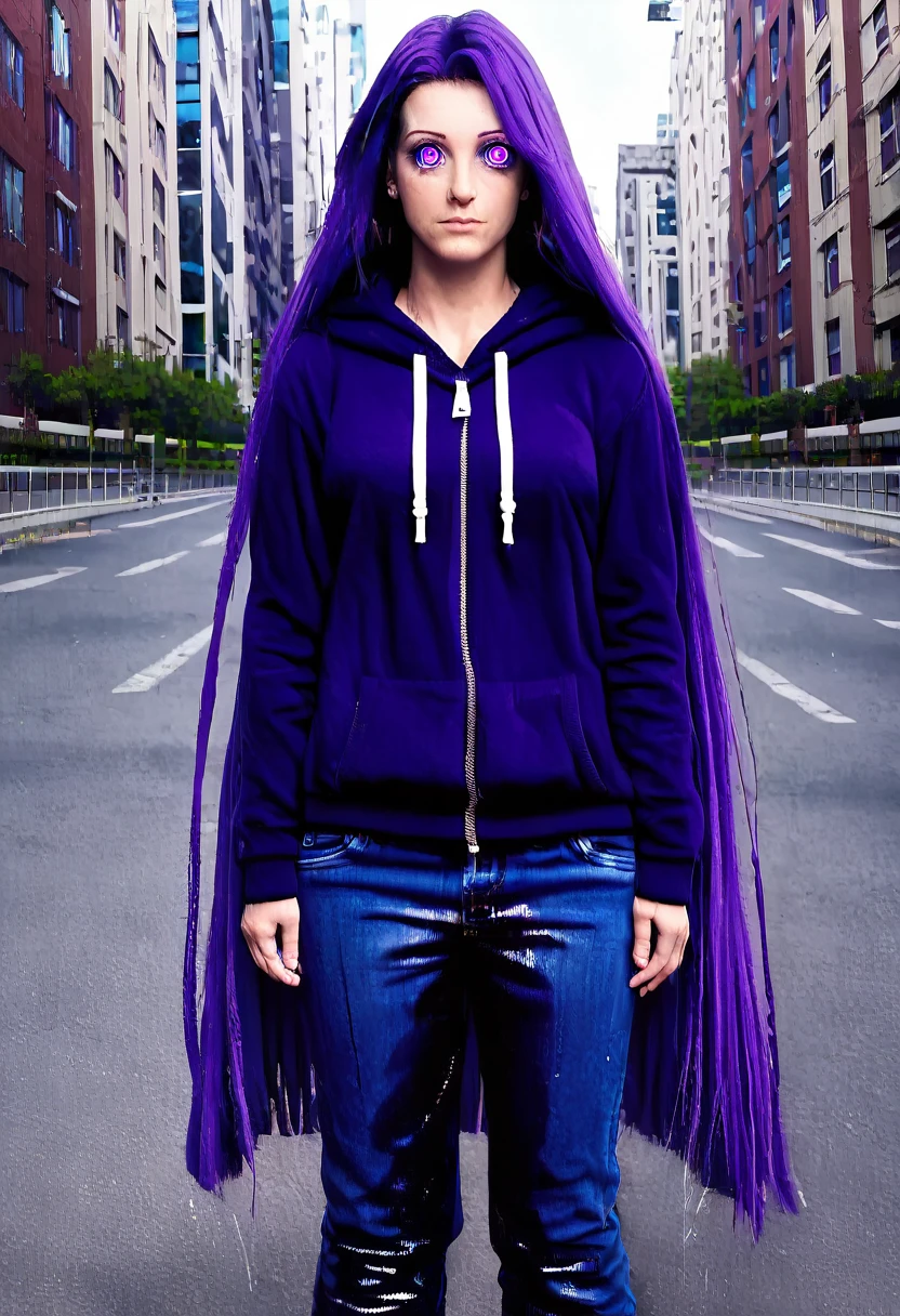 (masterpiece:1.37), best quality, (extremely detailed:1.37) woman, (adult:1.5), (very long hair:1.5), dark purple hair, purple eyes, (extremely detailed eyes:1.37), breasts, hoodie, jeans, (wetting:2.0), standing straight, full body day, daytime, glow, facing viewer, perfect composition, full body, city, street