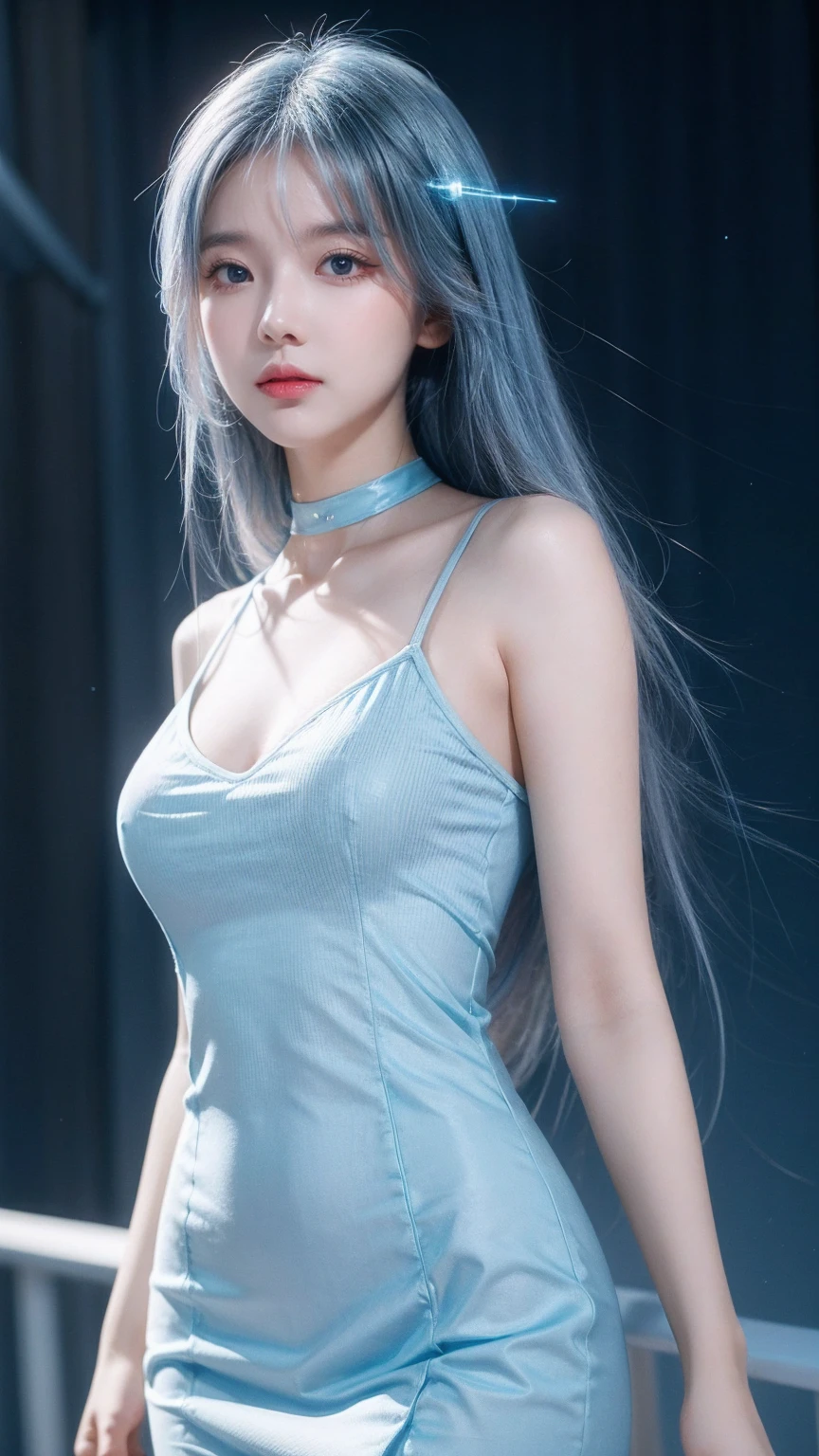 ((masterpiece)), (best quality), (detailed), (1 Girl), (Internal data flow) Light blue gradient hair, light blue glowing eyes, Straight Hair, Wearing a modern white shirt and black dress, Covered by data particles, Lock around the neck