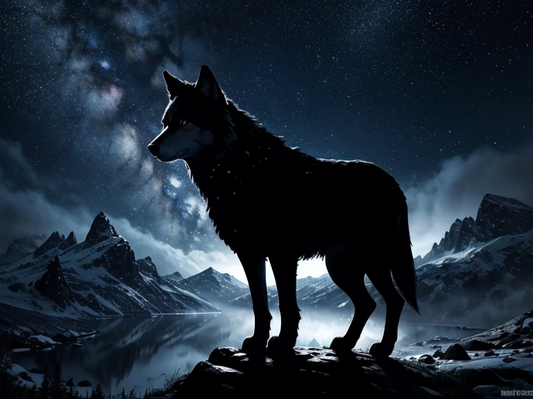 (best quality,4k,8k,highres,masterpiece:1.2),ultra-detailed,(realistic,photorealistic,photo-realistic:1.37),a wolf on top of a mountain on a starry night howling, illustration, ((oil painting, sharp focus)), vivid colors, moonlit landscape, dense forest, howling under the moonlight, mesmerizing view, glowing eyes, nighttime atmosphere, majestic posture, isolated silhouette, shadows and highlights, ominous presence, distant twinkling stars, tranquil ambiance