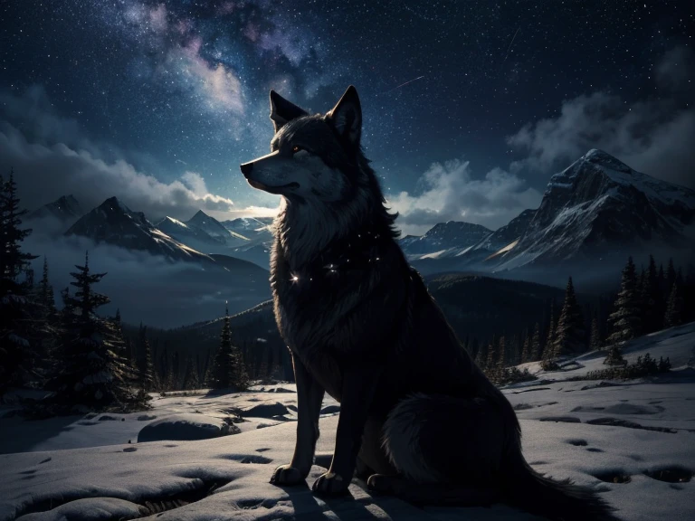 (best quality,4k,8k,highres,masterpiece:1.2),ultra-detailed,(realistic,photorealistic,photo-realistic:1.37),a wolf on top of a mountain on a starry night howling, illustration, ((oil painting, sharp focus)), vivid colors, moonlit landscape, dense forest, howling under the moonlight, mesmerizing view, glowing eyes, nighttime atmosphere, majestic posture, isolated silhouette, shadows and highlights, ominous presence, distant twinkling stars, tranquil ambiance