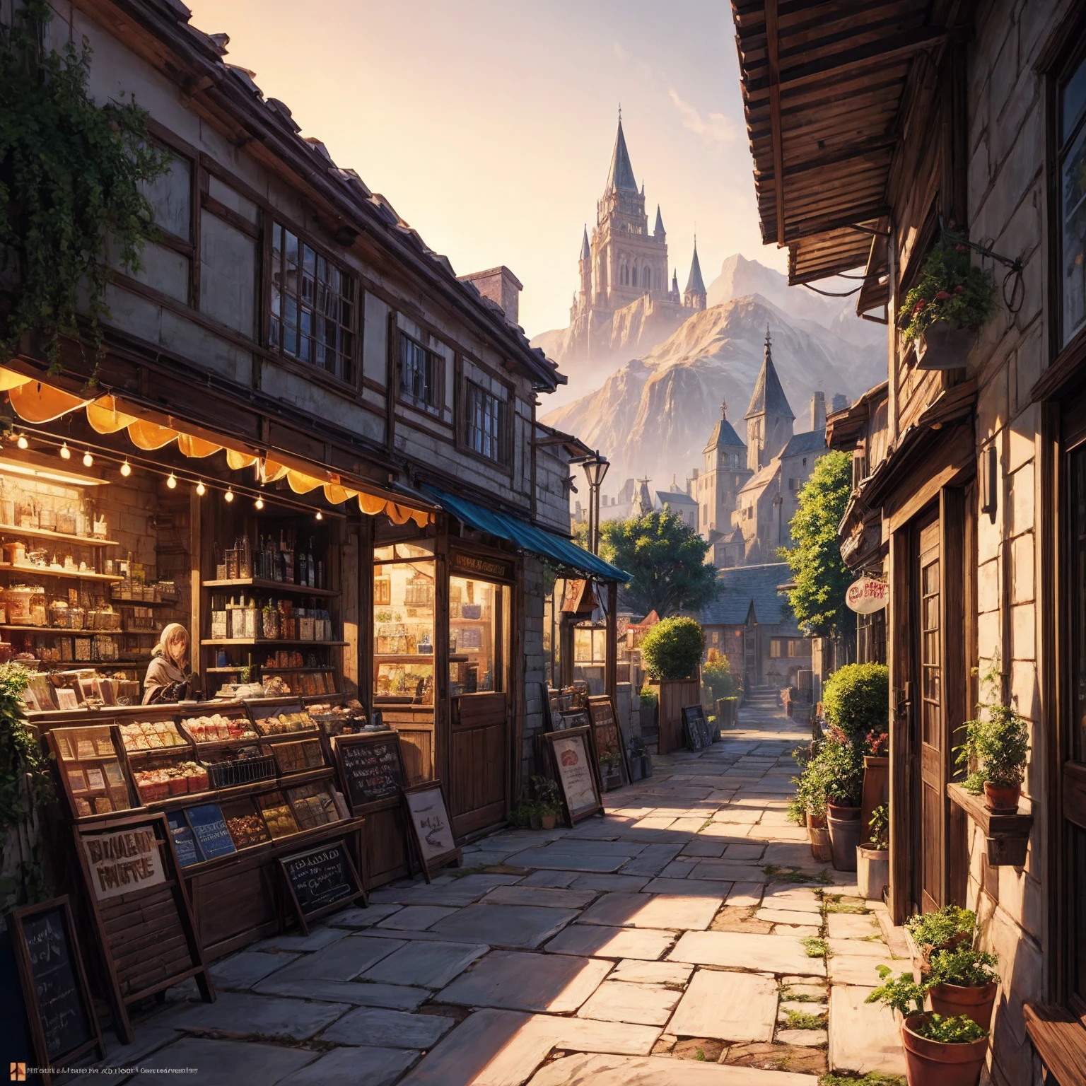 anime background, anime wallpaper, anime, anime style, lofi, lofi style, medieval street, mountains, uphill, medieval architecture, medieval convenience store, big retro medieval shop signs, retro medieval store, trees, plants, rocks, plant pots, shop signs, medieval banners like (guild, blacksmith, alchemist, restaurant), medieval signs, flags, sunrise, golden hour, golden lighting, empty street, no one in sight (no one: 1)