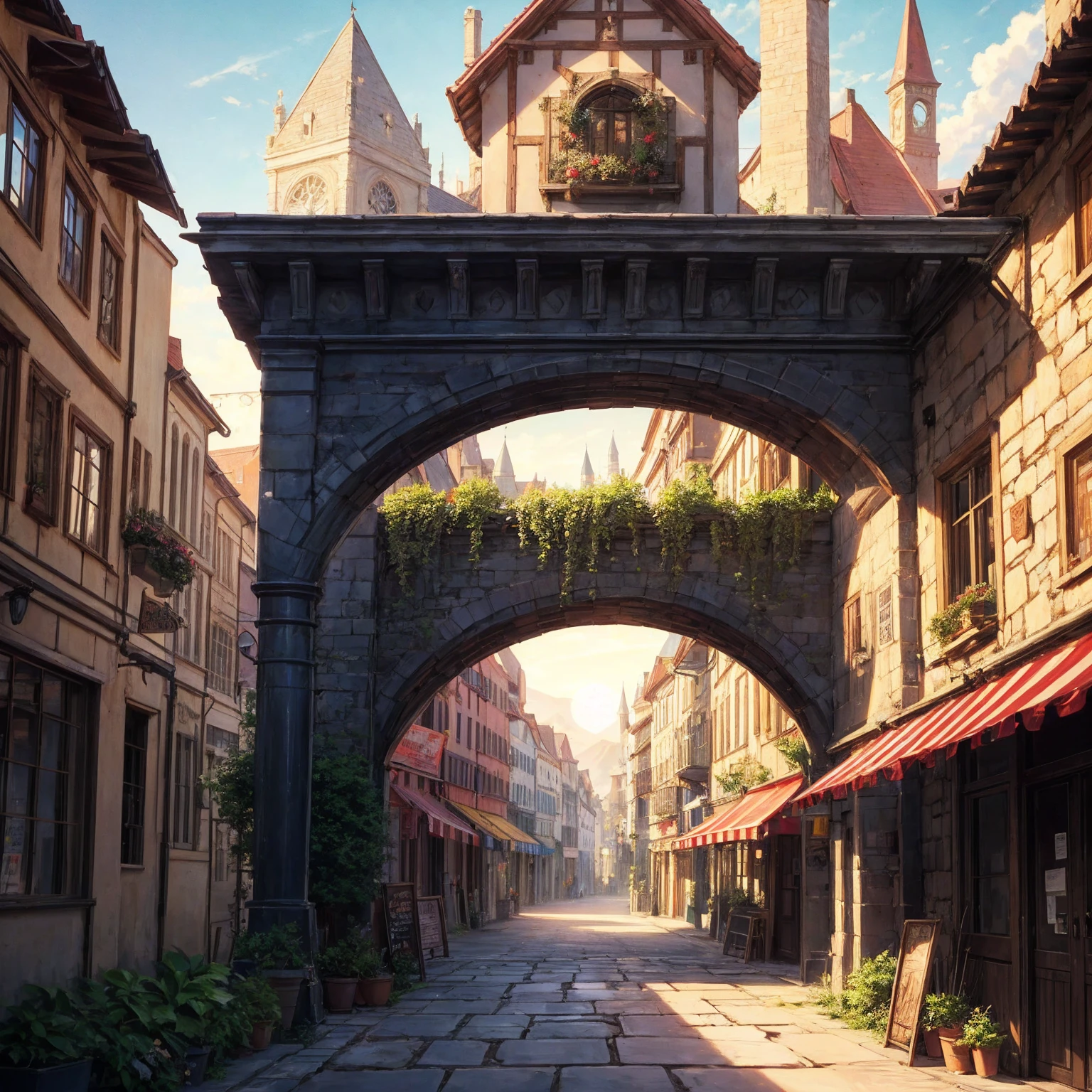 anime background, anime wallpaper, anime, anime style, lofi, lofi style, medieval street, mountains, uphill, medieval architecture, medieval convenience store, big retro medieval shop signs, retro medieval store, trees, plants, rocks, plant pots, shop signs, medieval banners like (guild, blacksmith, alchemist, restaurant), medieval signs, flags, sunrise, golden hour, golden lighting, empty street, no one in sight (no one: 1)