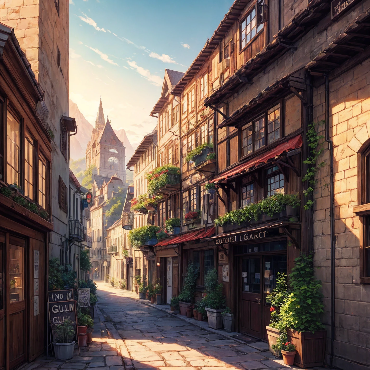 anime background, anime wallpaper, anime, anime style, lofi, lofi style, medieval street, mountains, uphill, medieval architecture, medieval convenience store, big retro medieval shop signs, retro medieval store, trees, plants, rocks, plant pots, shop signs, medieval banners like (guild, blacksmith, alchemist, restaurant), medieval signs, flags, sunrise, golden hour, golden lighting, empty street, no one in sight (no one: 1)