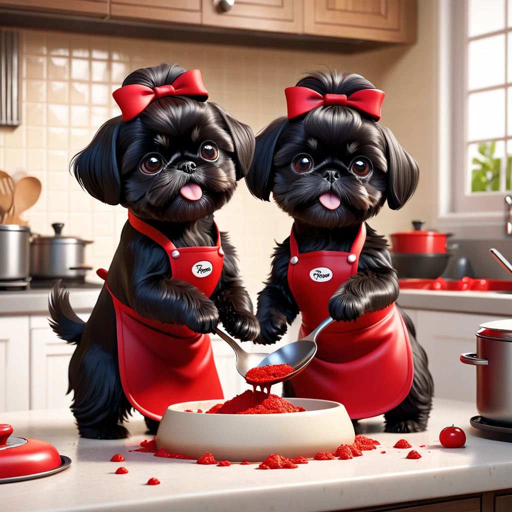 2 Adorable small black Shih Tzu puppies wearing red collars and aprons playing, baking making a food mess in Disney kitchen 3d cartoon, 3d render, disney pixar style