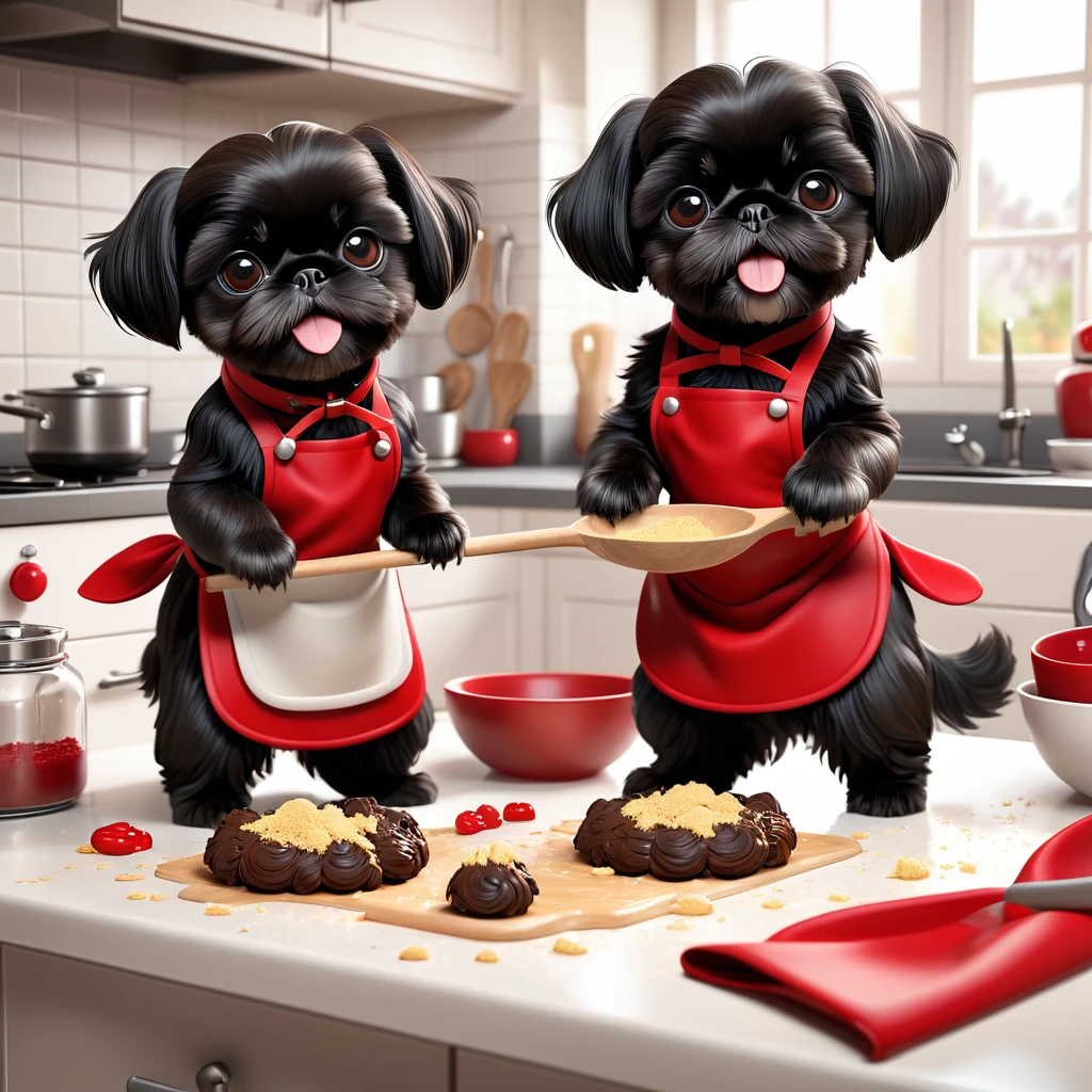 2 Adorable small black Shih Tzu puppies wearing red collars and aprons playing, baking making a food mess in Disney kitchen 3d cartoon, 3d render, disney pixar style